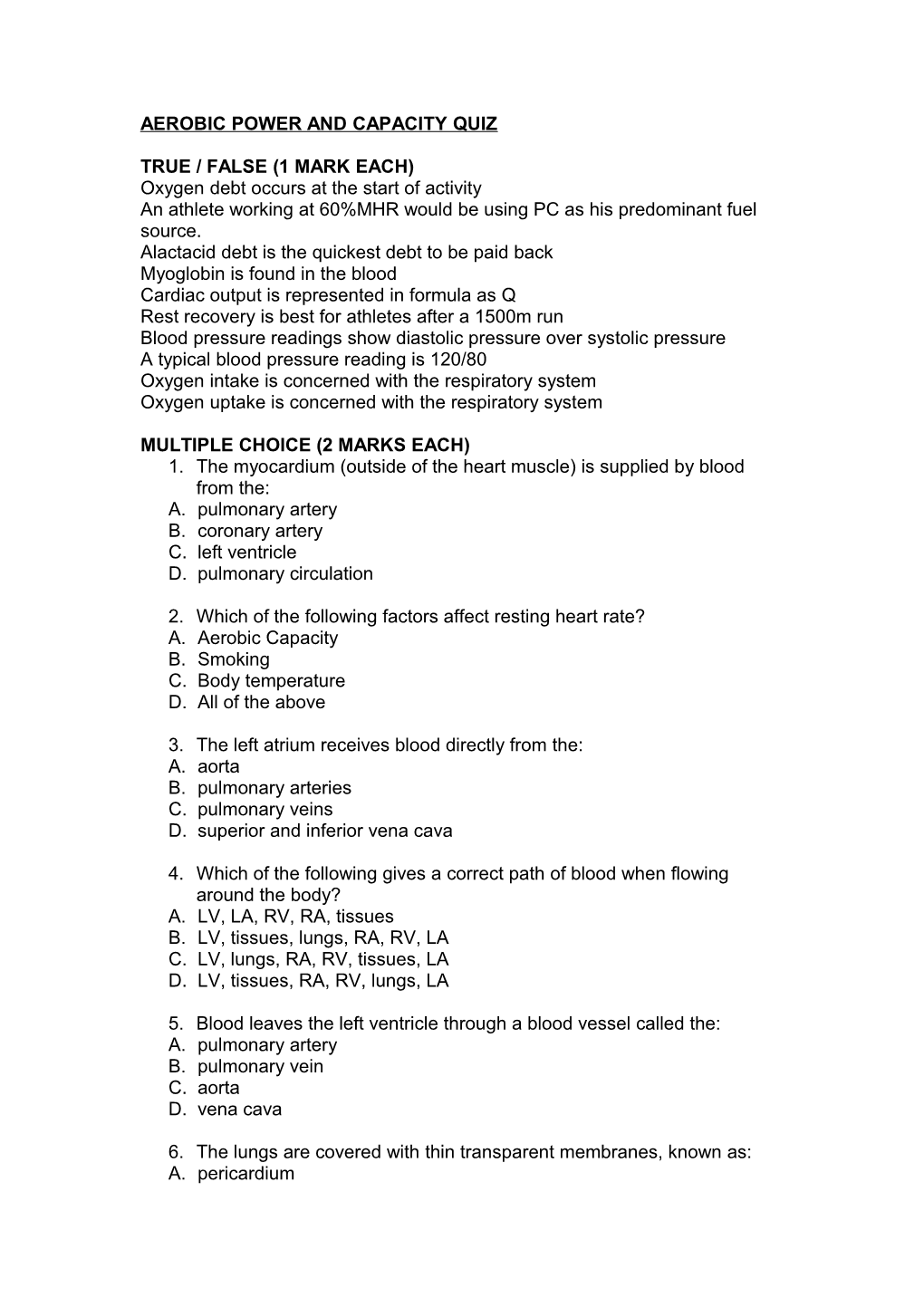 Aerobic Power and Capacity Quiz