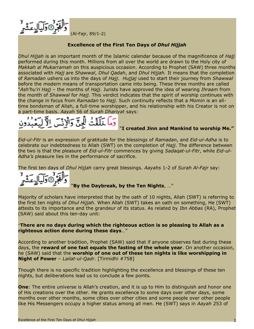 Excellence of the First Ten Days of Dhul Hijjah