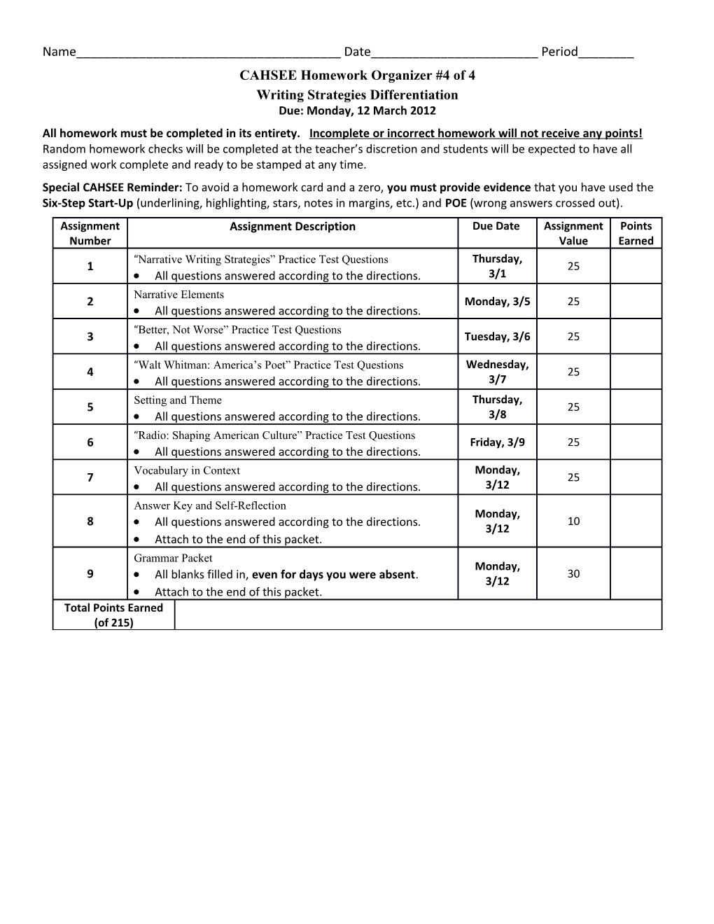 CAHSEE Homework Organizer #4 of 4