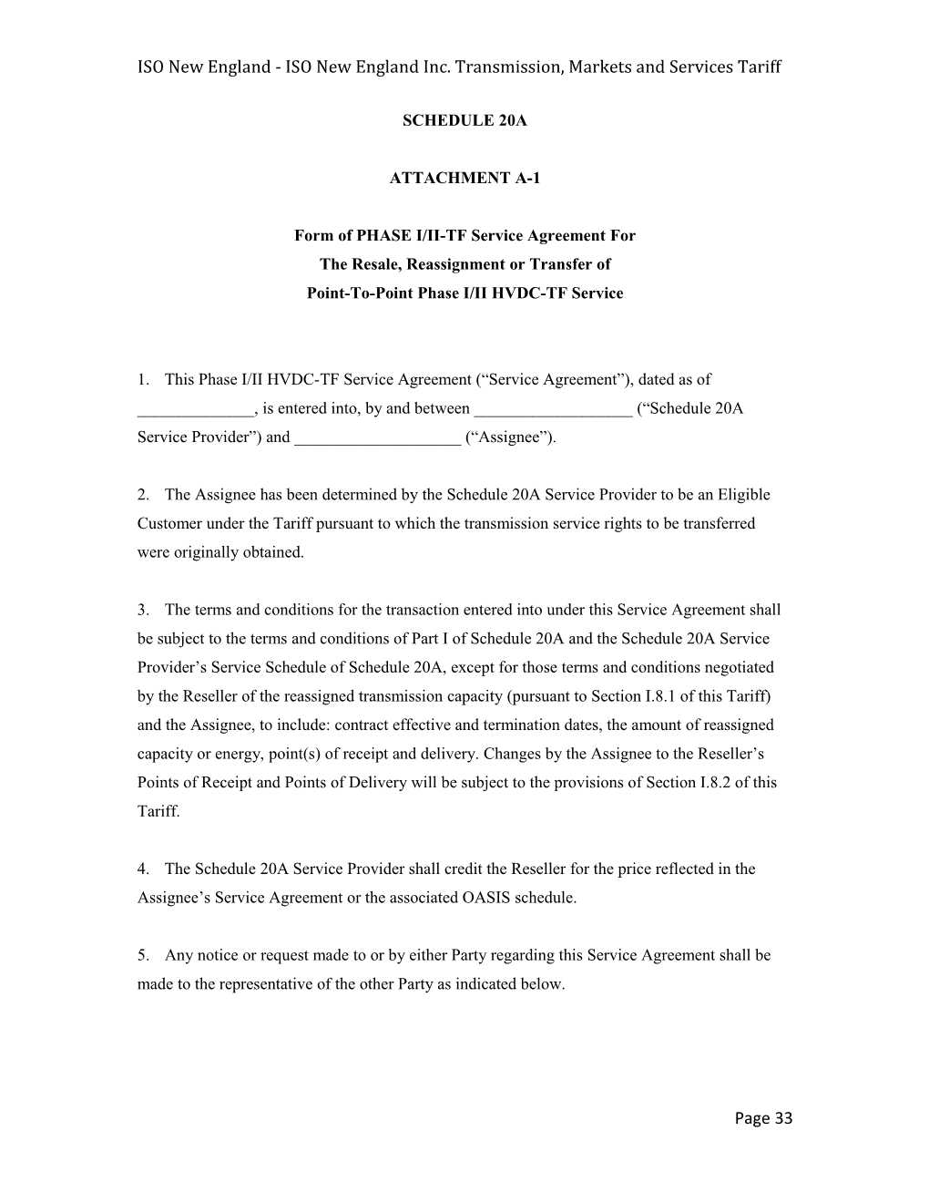 Form of PHASE I/II-TF Service Agreement For