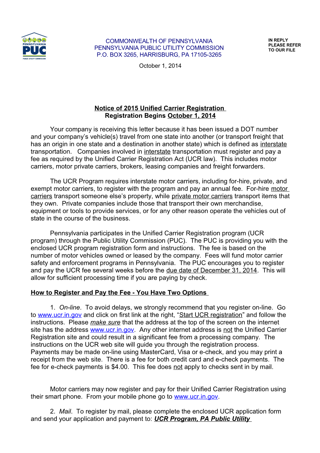 Notice of 2015 Unified Carrier Registration