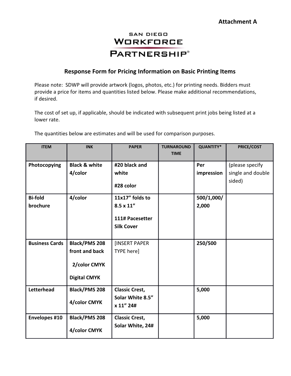 Response Form for Pricing Information on Basic Printing Items