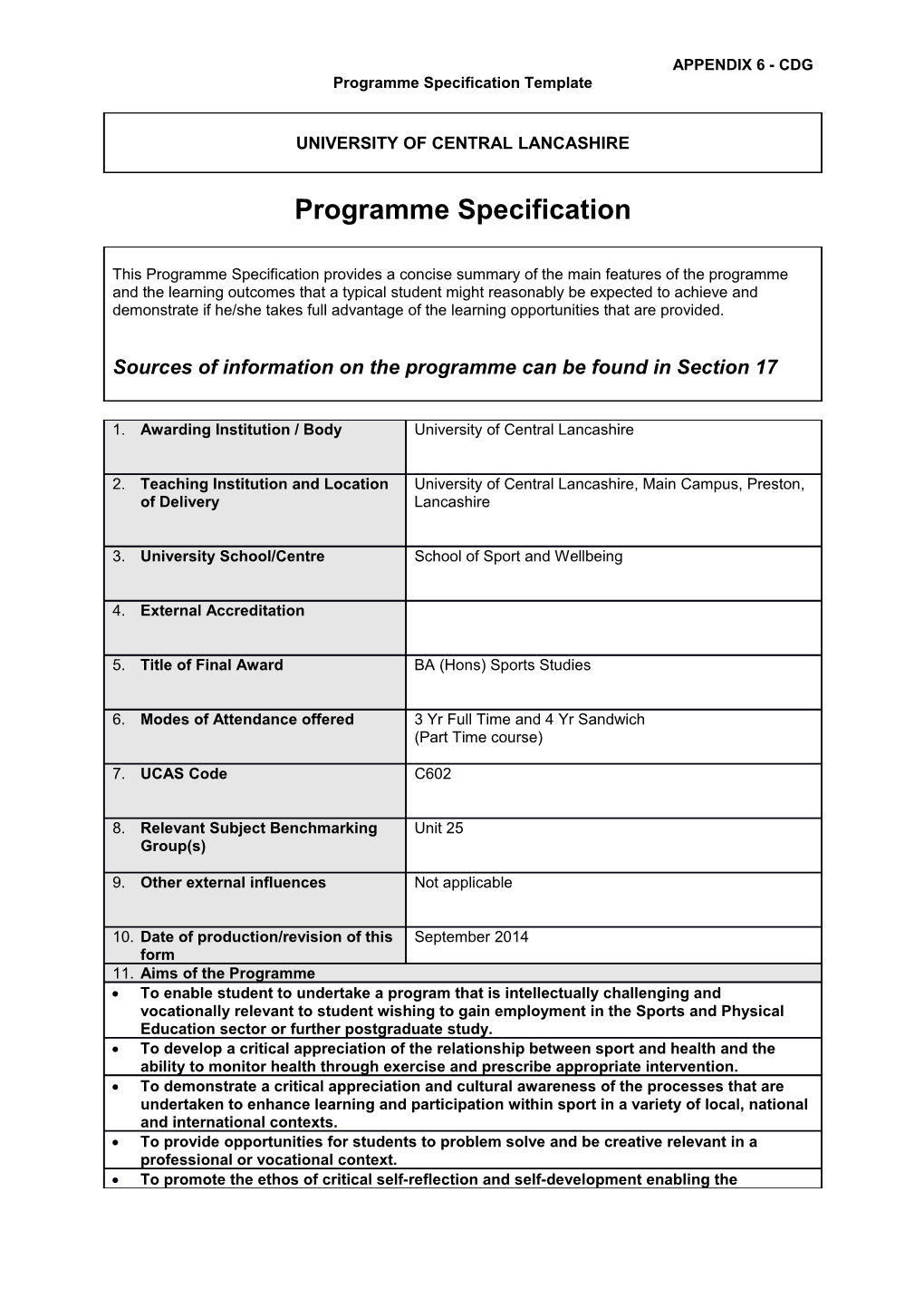 BA (Hons) Sports Studies (September 2014)