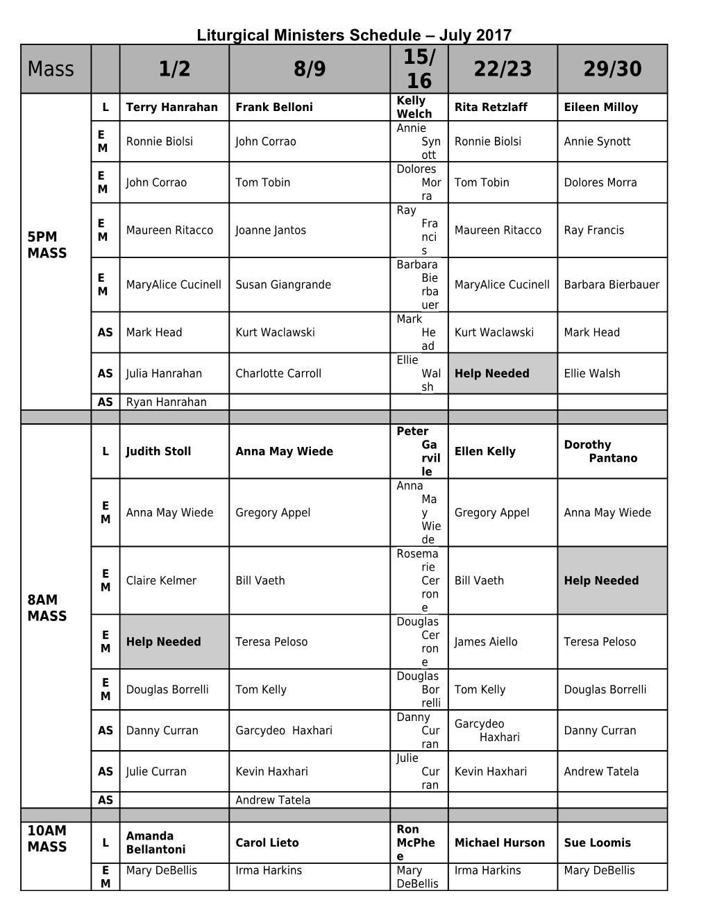 Liturgical Ministers Schedule July 2017