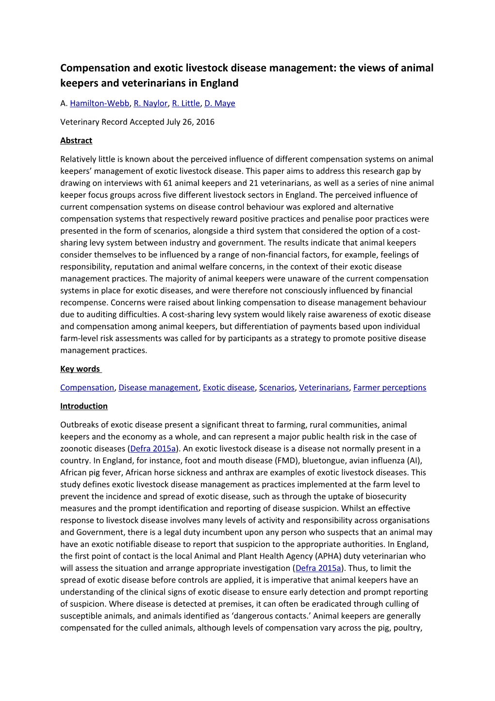 Compensation and Exotic Livestock Disease Management: the Views of Animal Keepers And