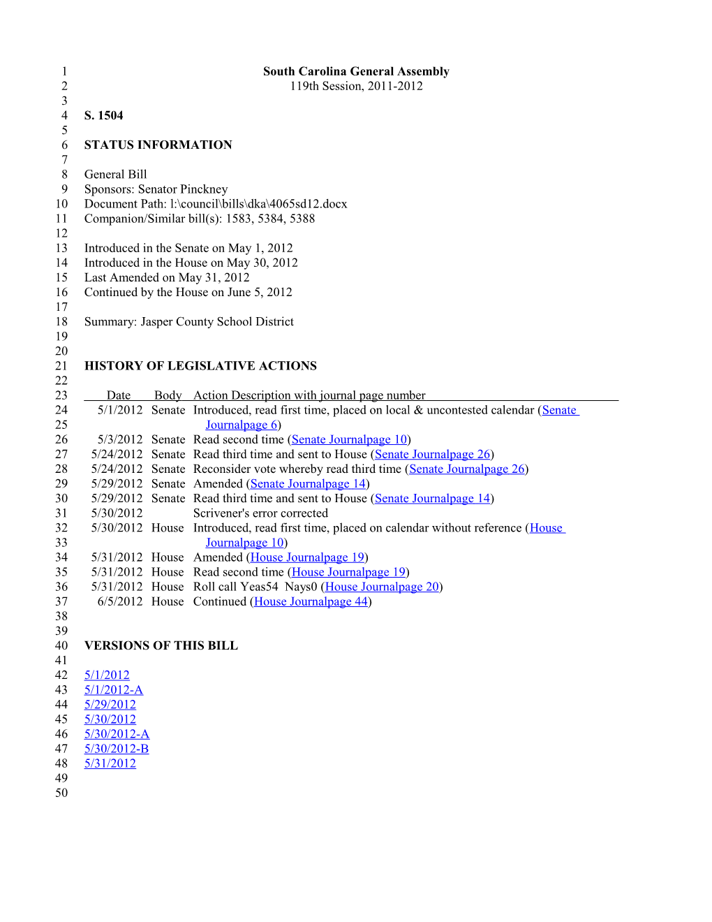 2011-2012 Bill 1504: Jasper County School District - South Carolina Legislature Online