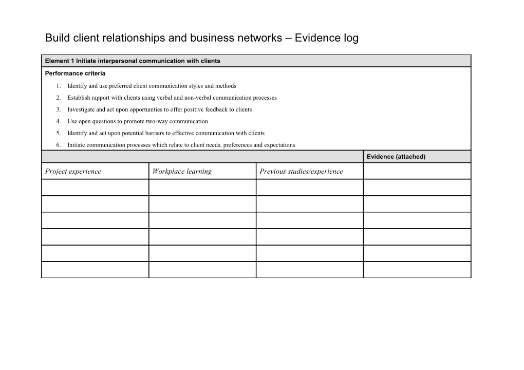 Build Client Relationships and Business Networks Evidence Log