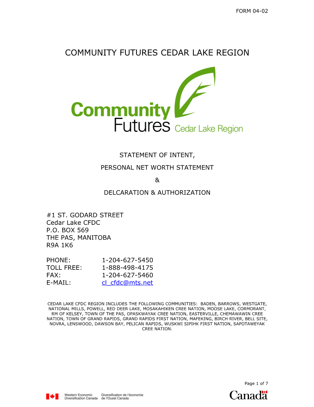 Community Futures Cedar Lake Region Statement of Intent