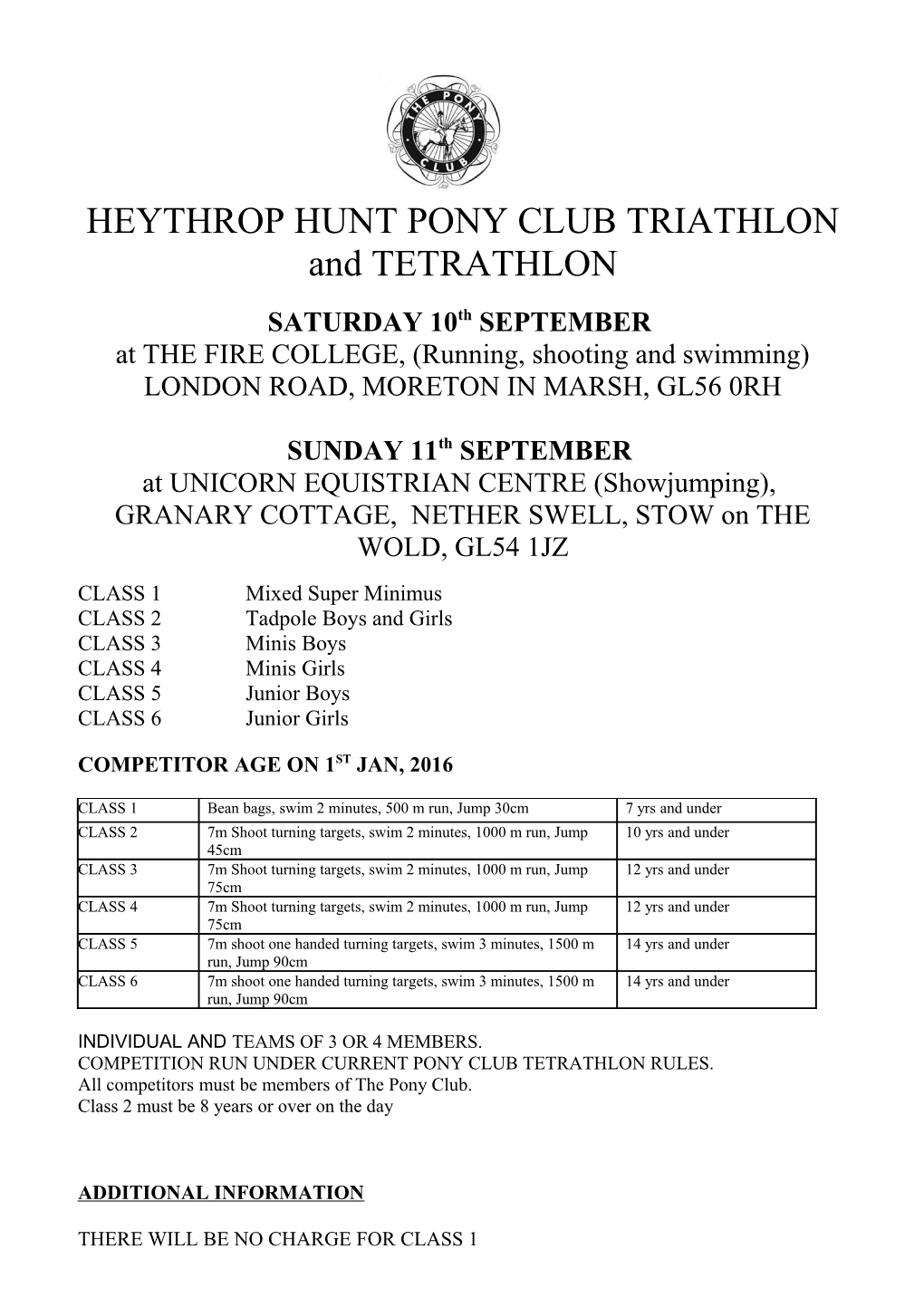 HEYTHROP HUNT PONY CLUB TRIATHLON and TETRATHLON