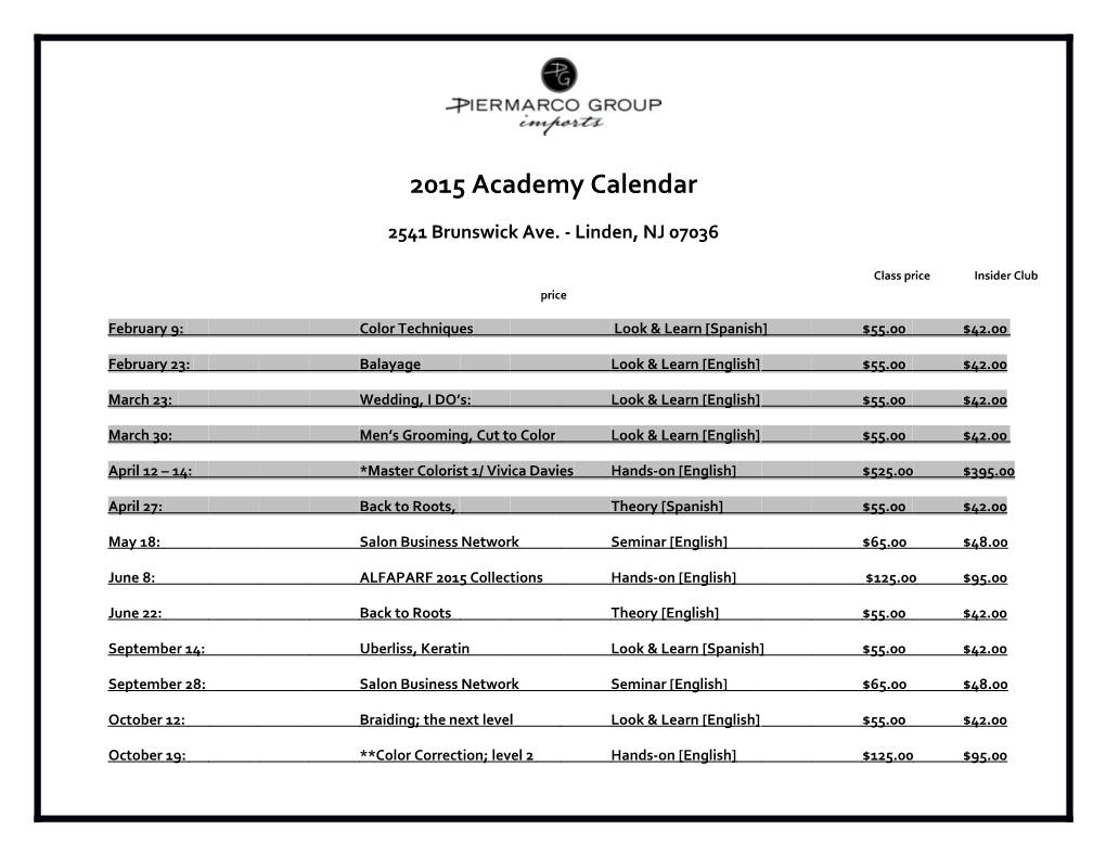 2015 Academy Calendar