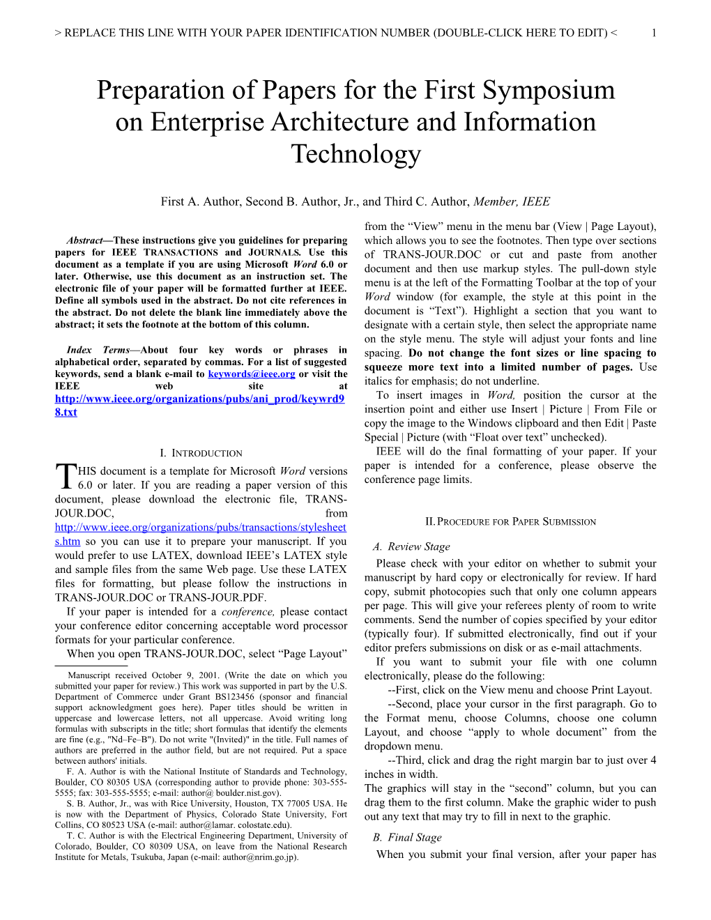 Preparation of Papers for the First Symposium on Enterprise Architecture and Information