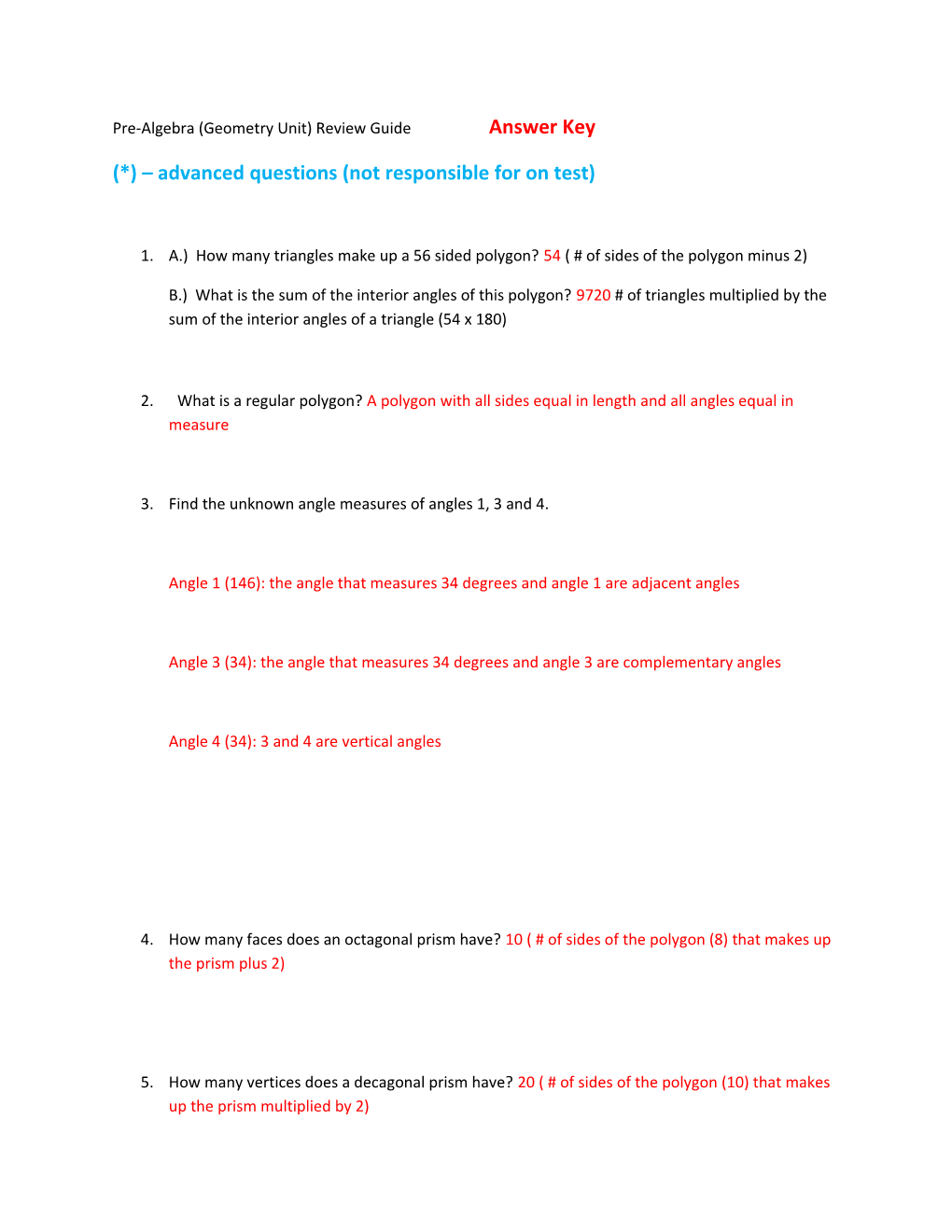 Pre-Algebra (Geometry Unit) Review Guide Answer Key