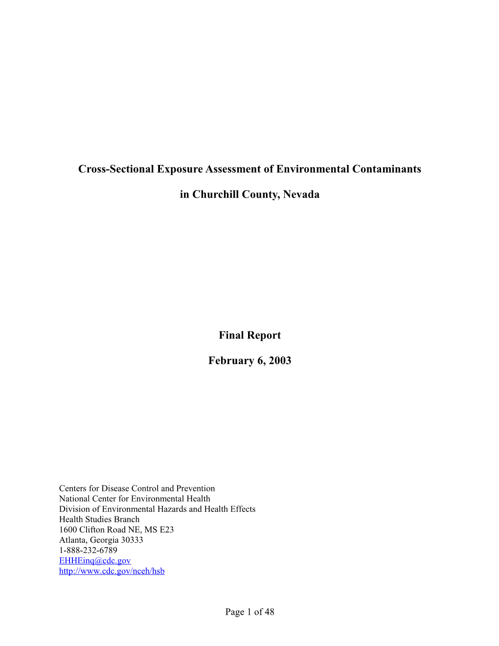 Cross-Sectional Exposure Assessment of Environmental Contaminants