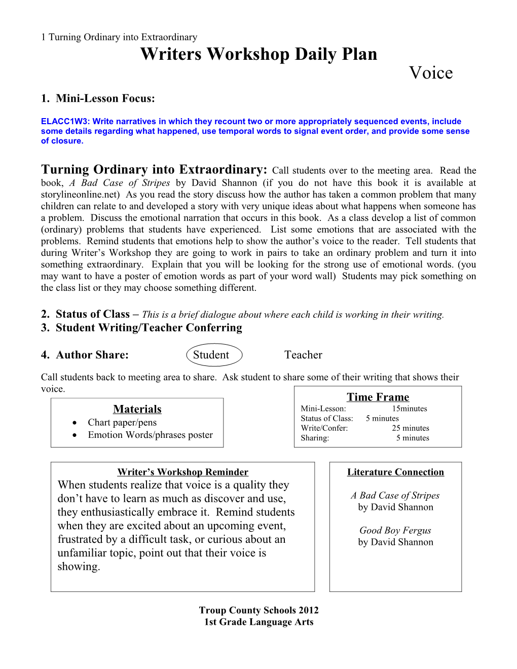 Writers Workshop Daily Plan s5