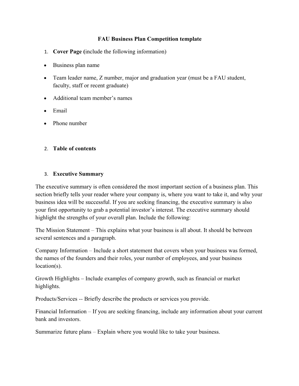 FAU Business Plan Competition Template