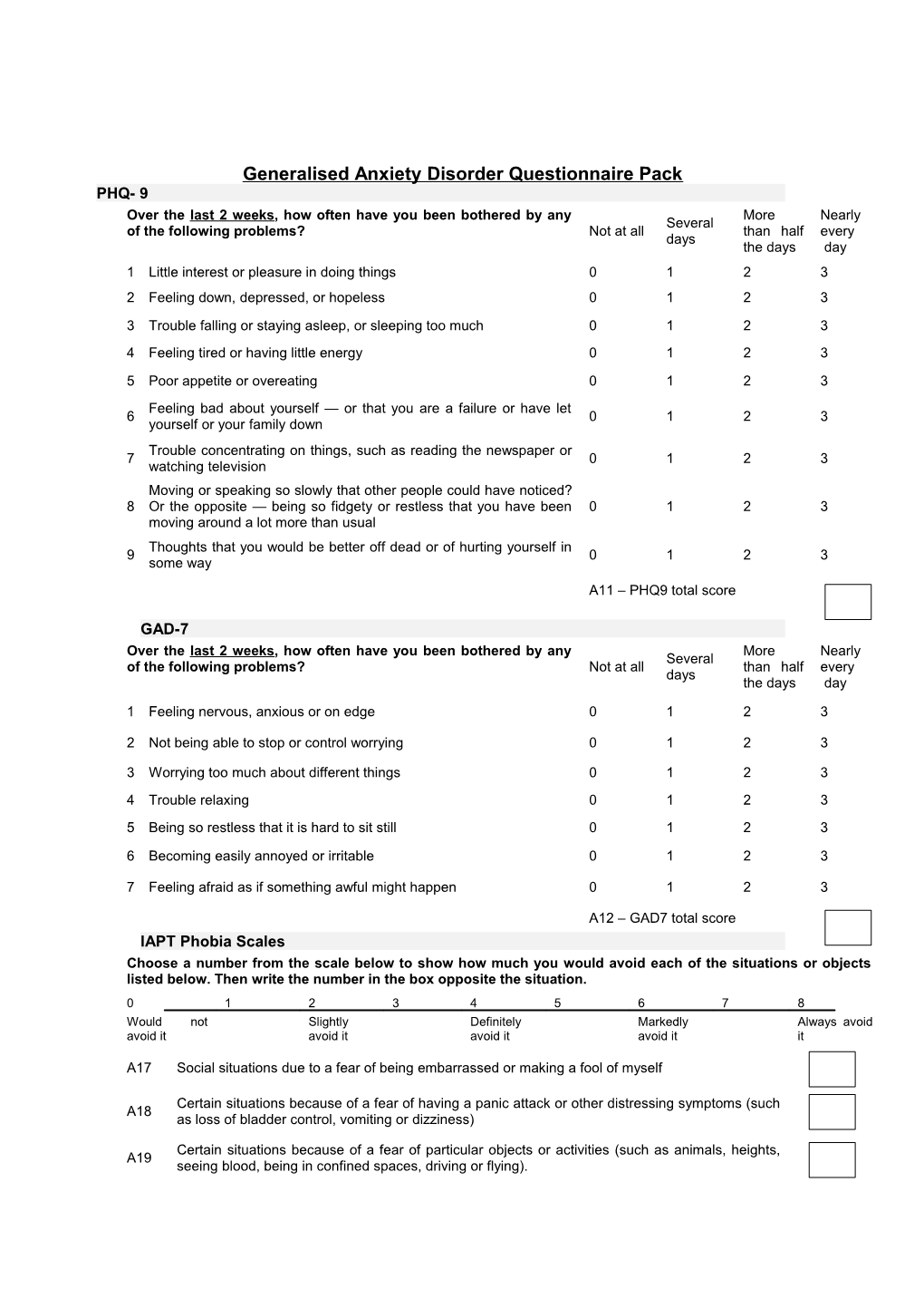 Generalised Anxiety Disorder Questionnaire Pack