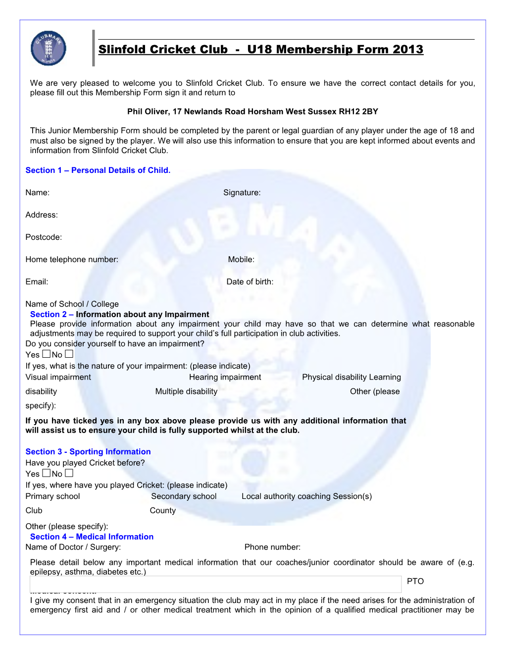 Slinfold Cricket Club U 18 Membership Application Form 2011