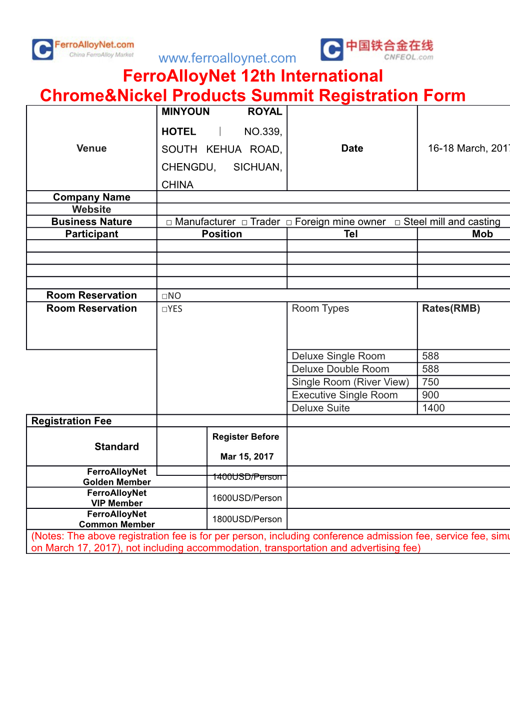 Chrome&Nickel Products Summit Registration Form