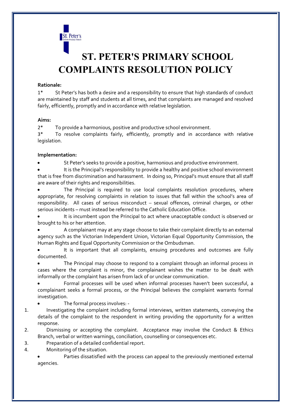 St. Peter's Primary School Complaints Resolution Policy