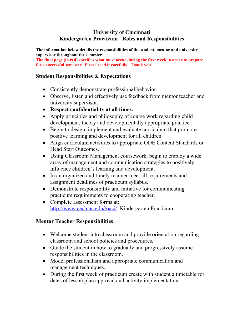 Kindergarten Practicum - Roles and Responsibilities