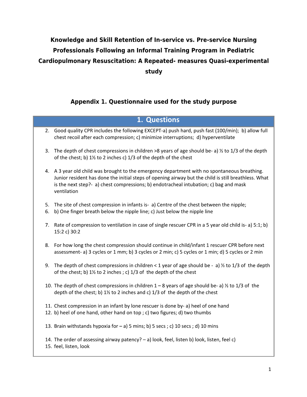 Appendix 1. Questionnaire Used for the Study Purpose