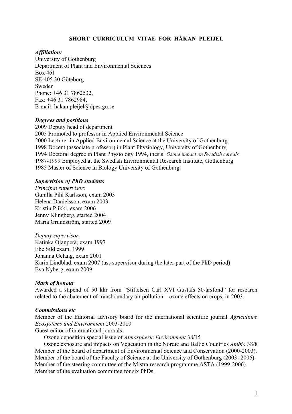 Curriculum Vitae for Håkan Pleijel (581105-5630)