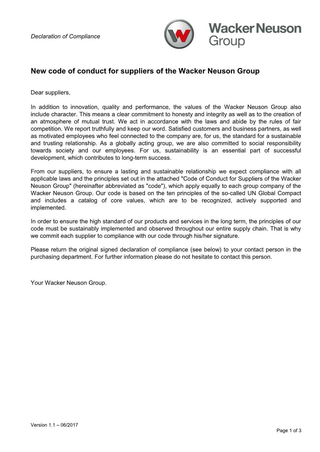 New Code of Conduct for Suppliers of the Wacker Neuson Group