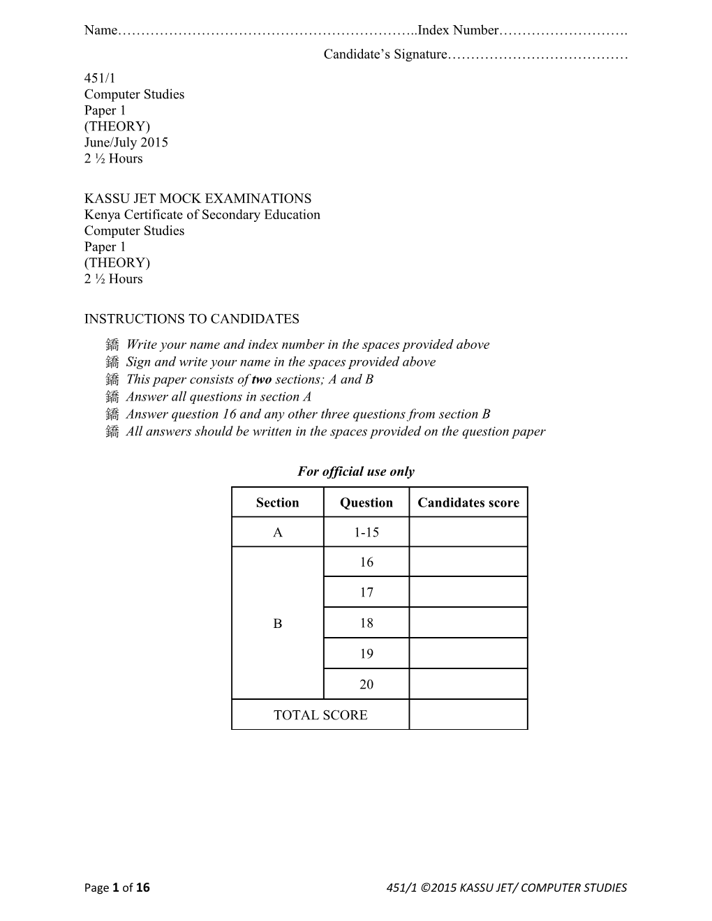 Name Index Number