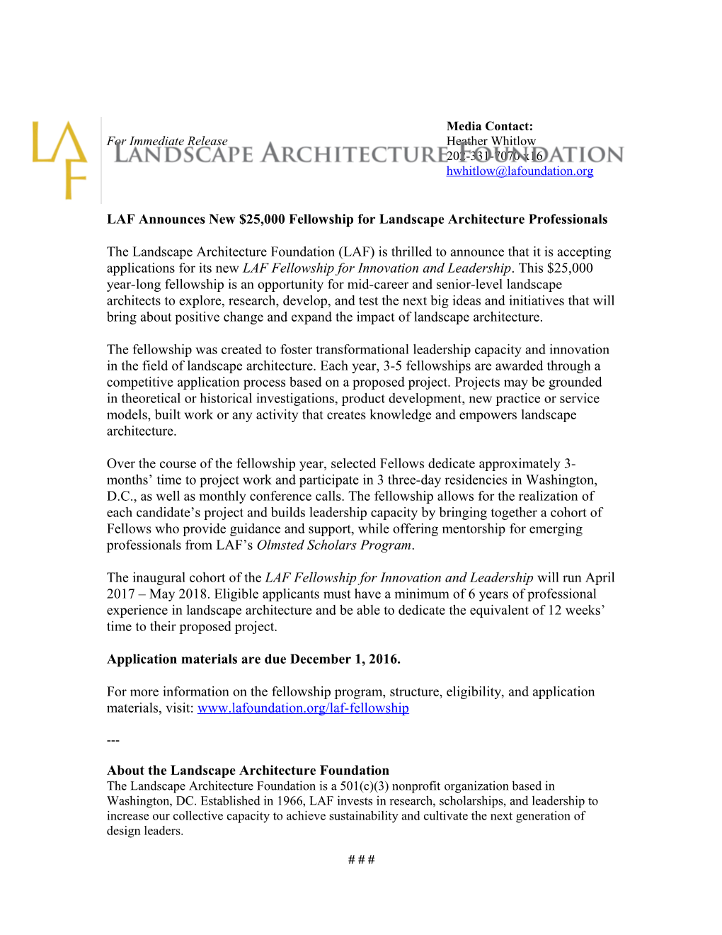LAF Announces New $25,000 Fellowship for Landscape Architecture Professionals