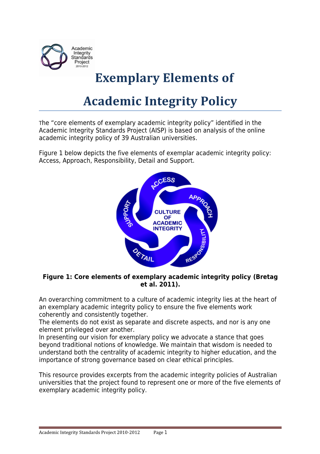 Figure 1: Core Elements of Exemplary Academic Integrity Policy(Bretag Et Al. 2011)