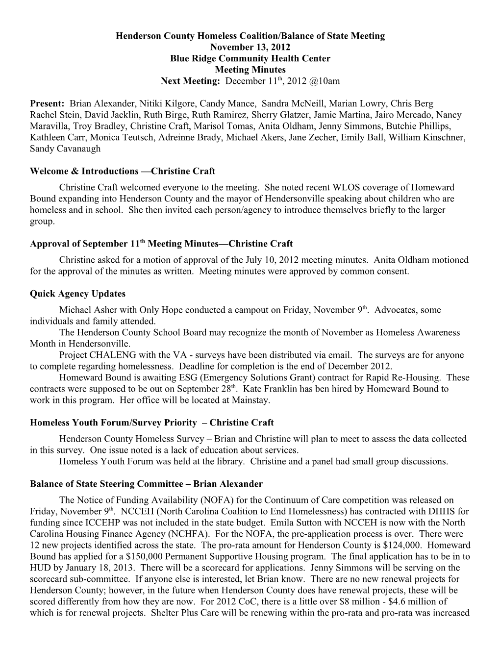 Henderson County Homeless Coalition/Balance of State Meeting