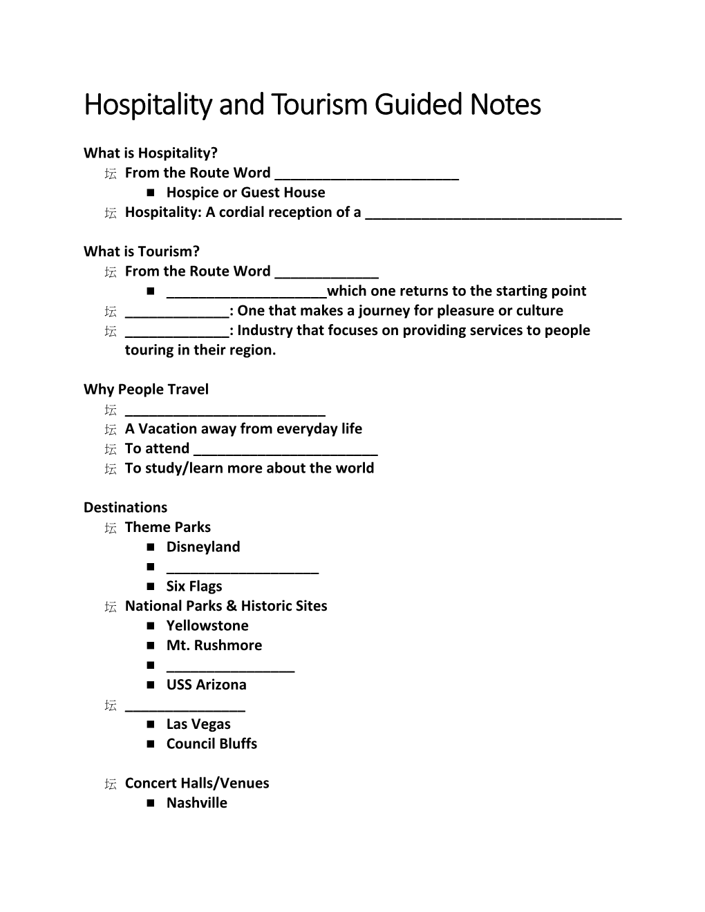 Hospitality and Tourism Guided Notes