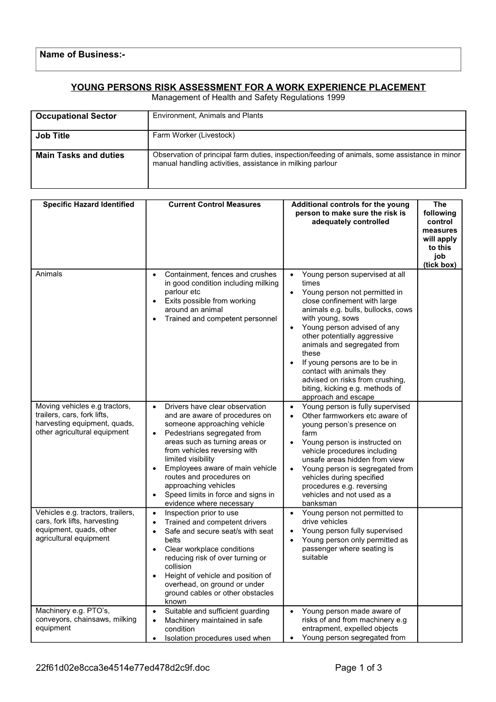 Section 3 - YOUNG PERSONS RISK ASSESSMENT for the STUDENT