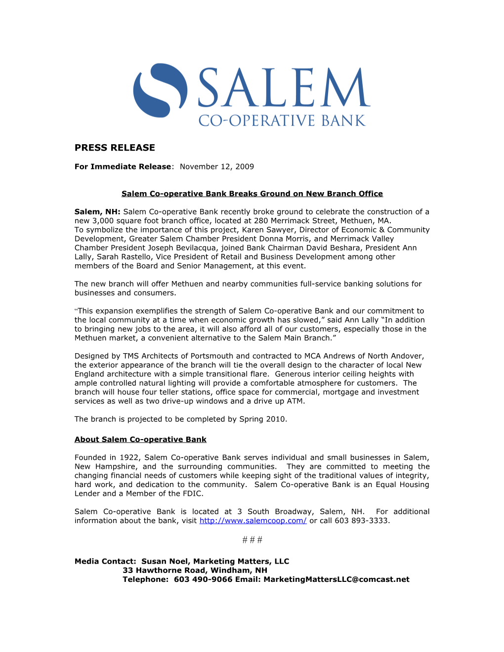 Salem Co-Operative Bank Breaks Ground on New Branch Office