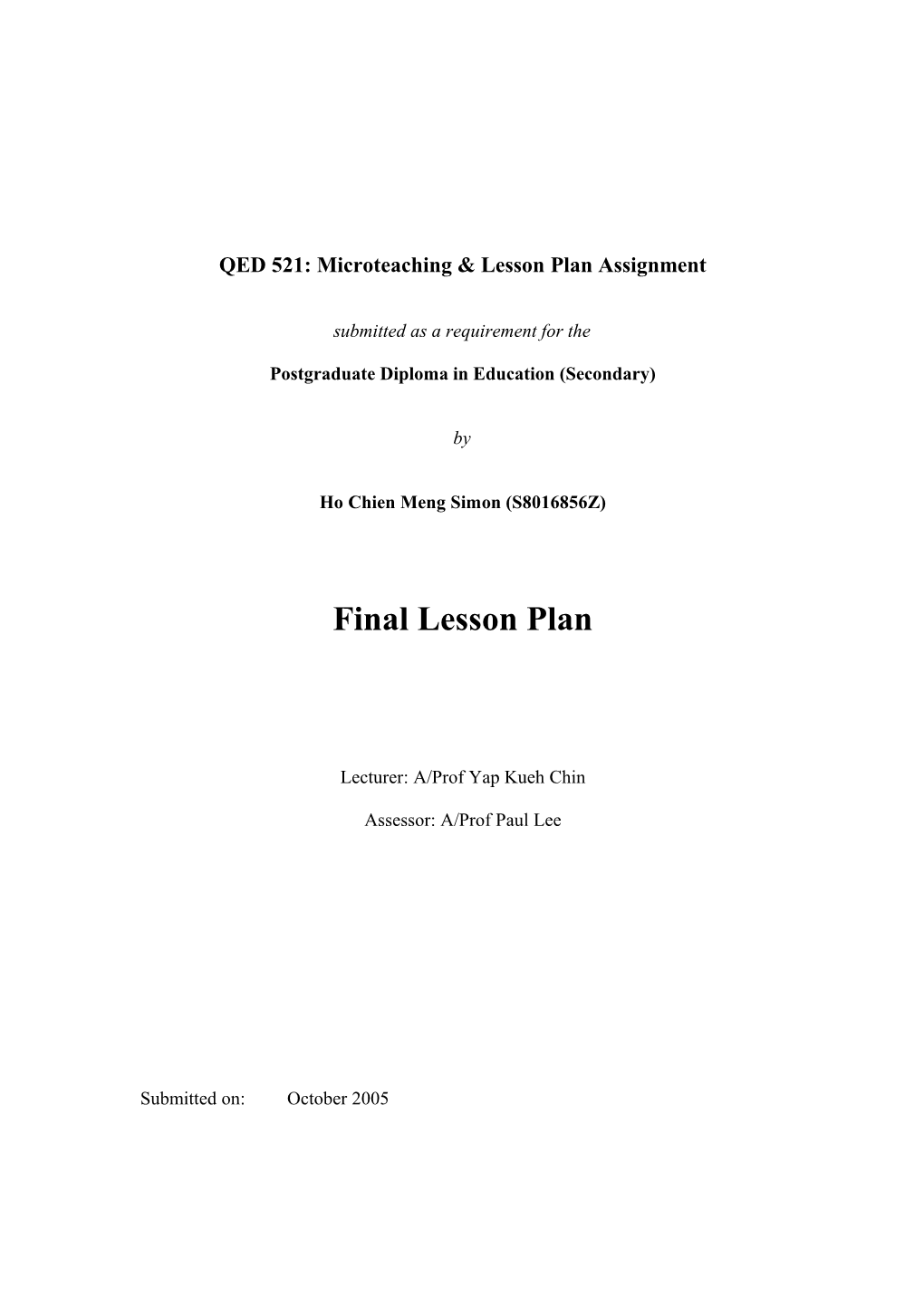 QED 521: Microteaching & Lesson Plan Assignment