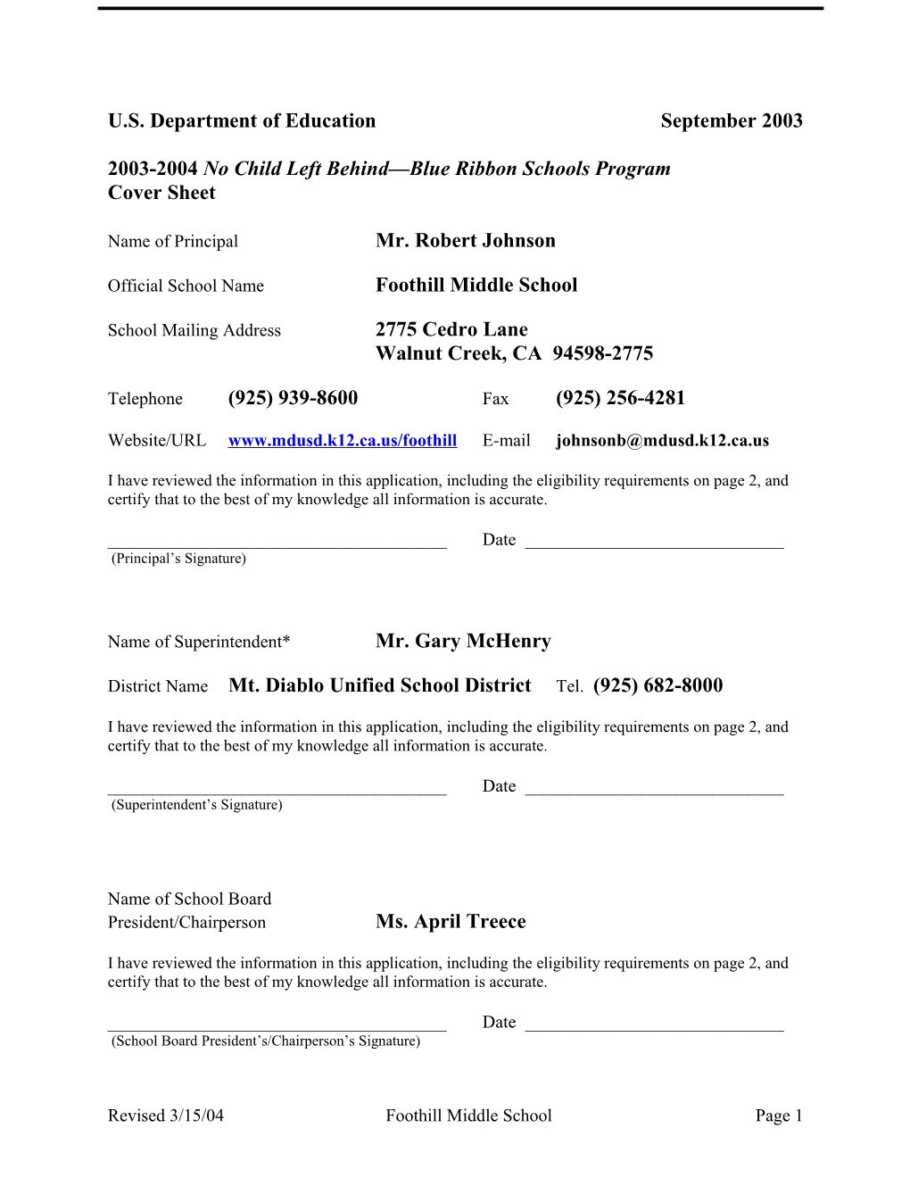 Foothill Middle School 2004 No Child Left Behind-Blue Ribbon School Application (Msword)