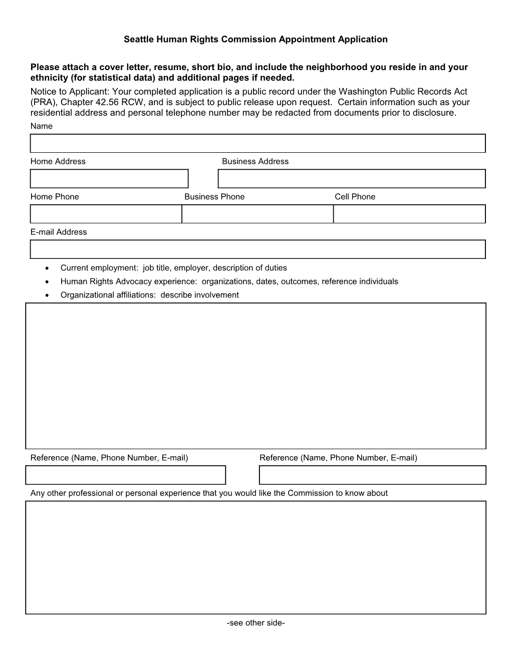 Application for Commission Appointment: Please Fill out Both Pages of This Form and E-Mail