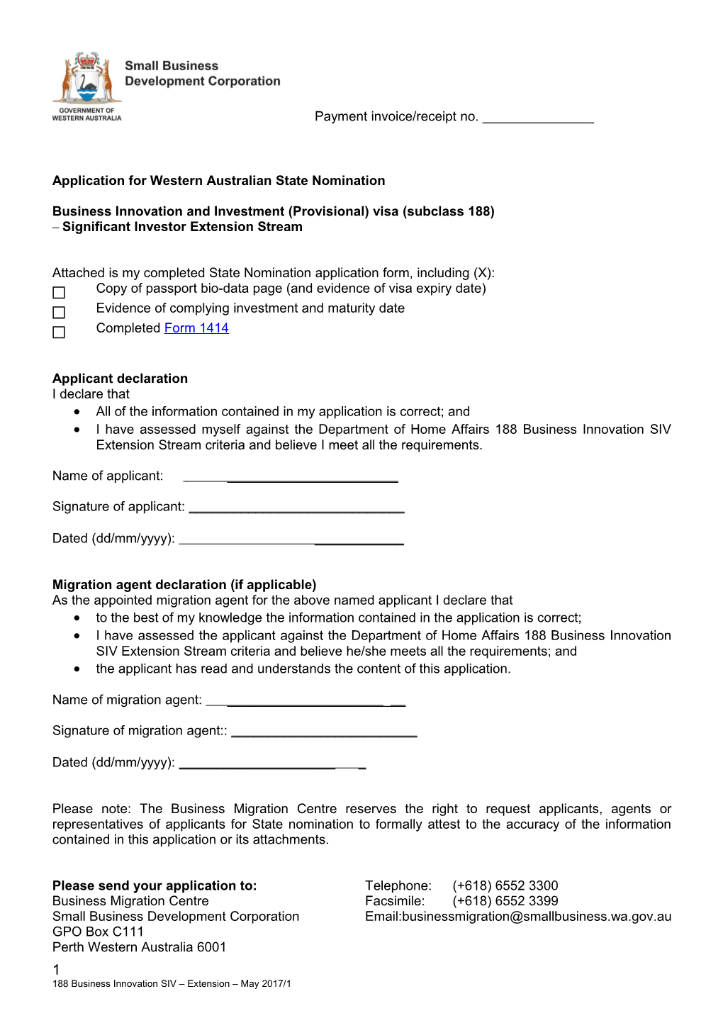 Application for Western Australian Government State Sponsorship for a Business Skills Visa