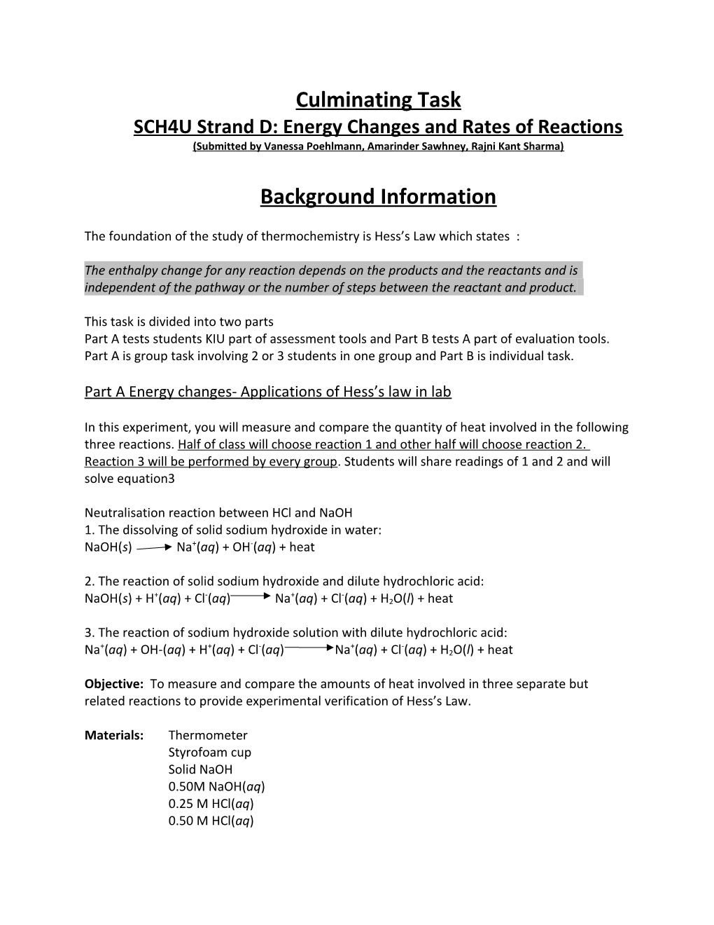 SCH4U Strand D: Energy Changes and Rates of Reactions