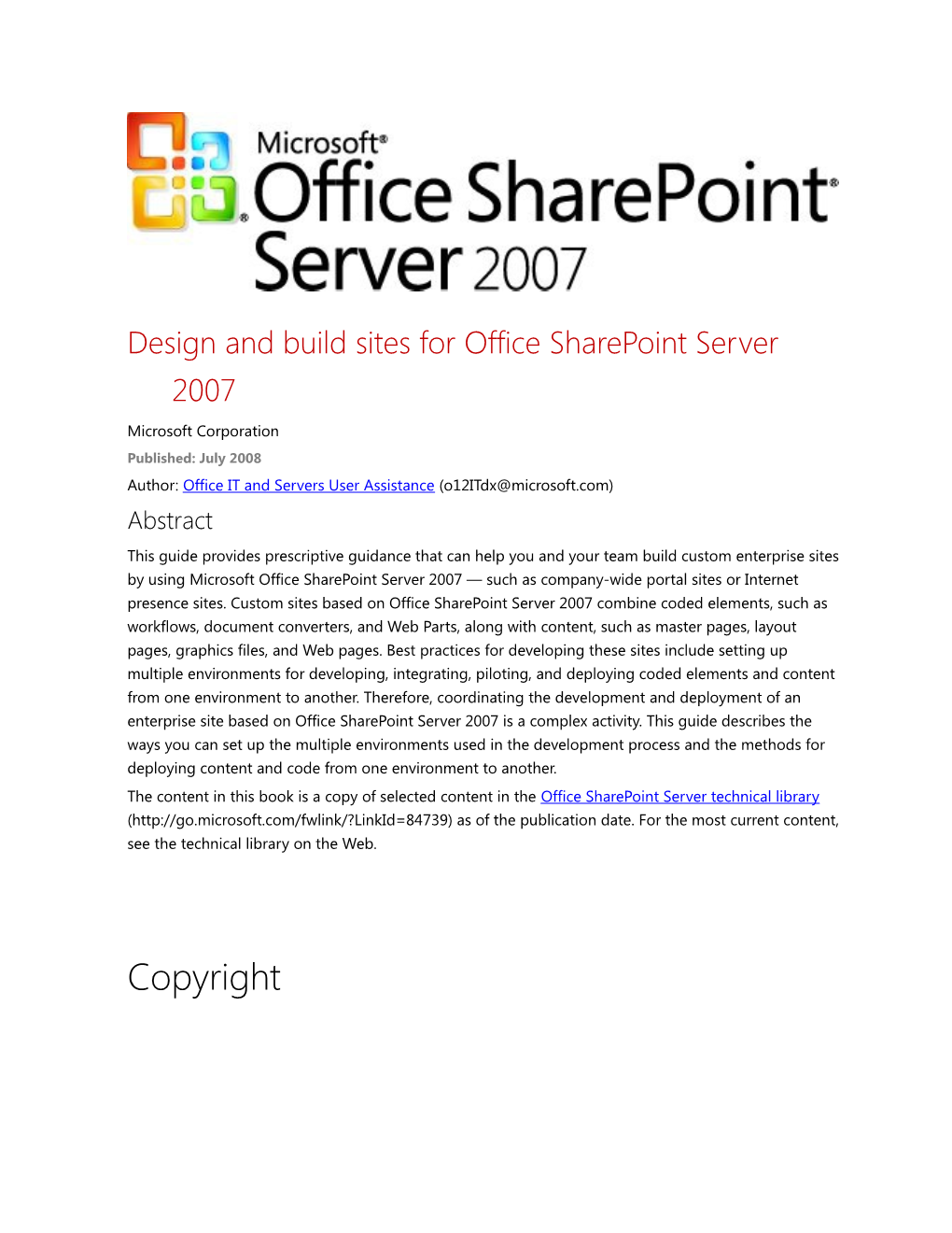 Design and Build Sites for Office Sharepoint Server 2007