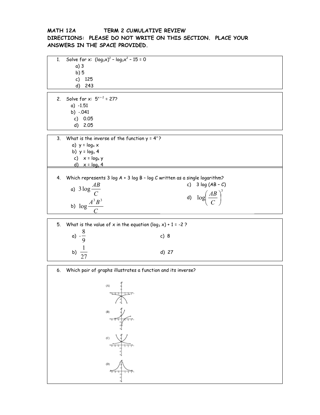 Math 12A Term 2 Cumulative Review