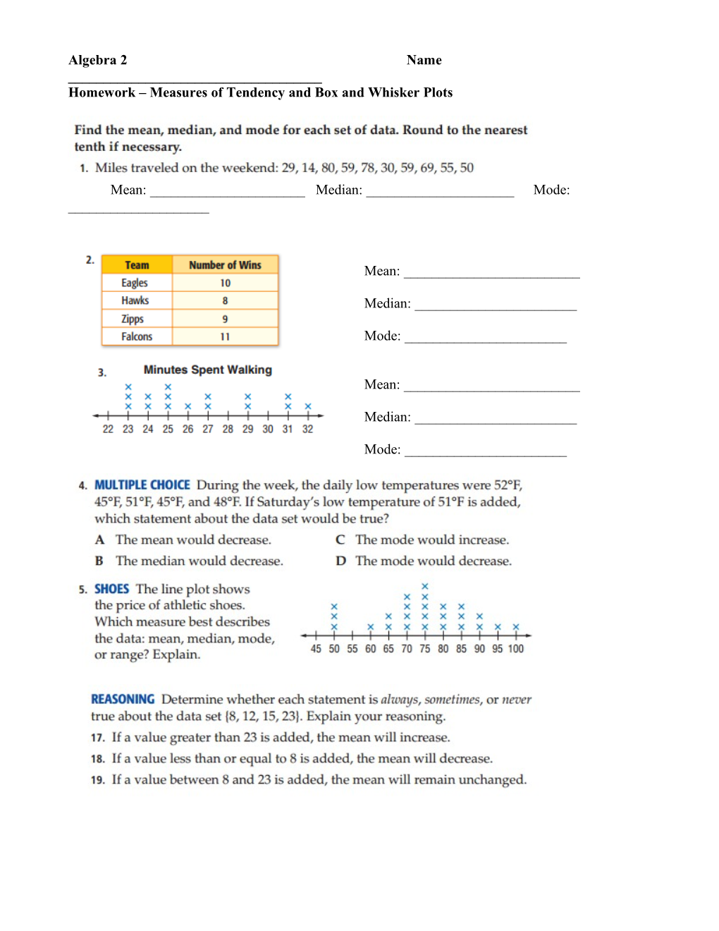 2) the Accompanying Table Shows the Weights, in Pounds, for the Students in an Algebra Class