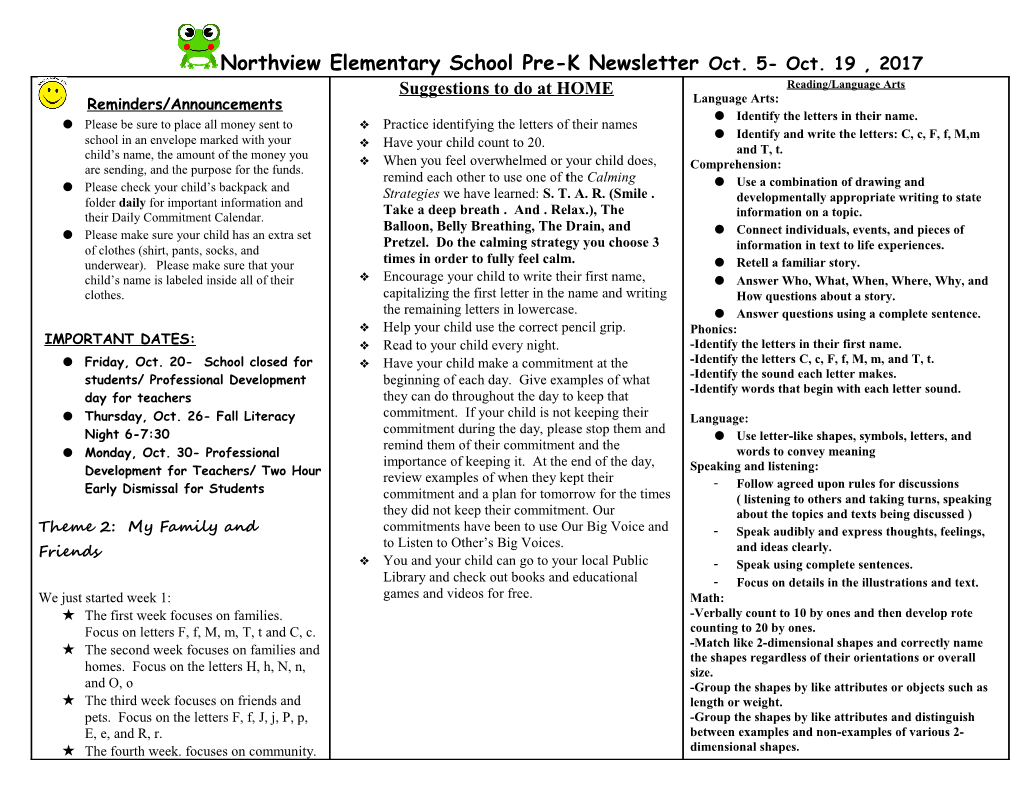 Northview Elementary School Pre-K Newsletter Oct. 5- Oct. 19 , 2017