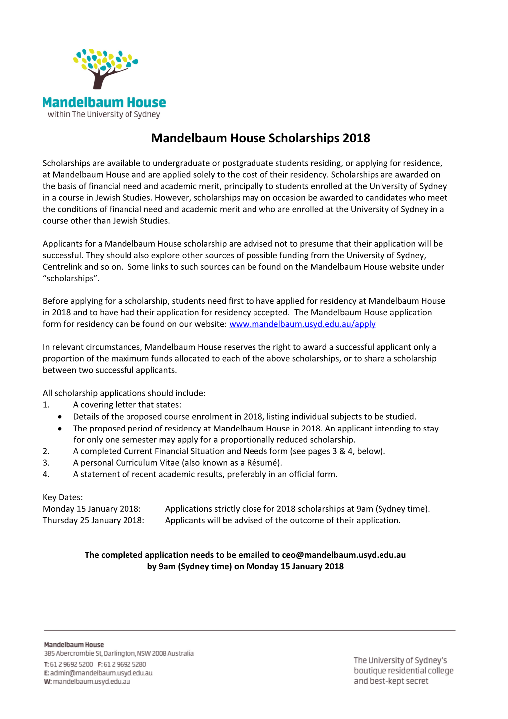 Mandelbaum House Scholarships 2018