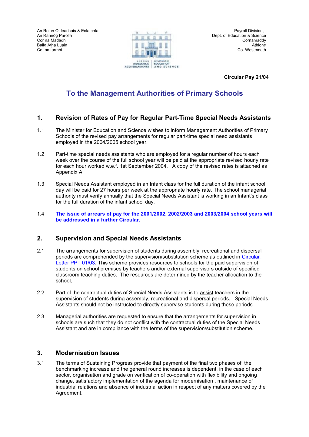 Circular Pay 21/04 - Revision of Rates of Pay for Regular Part-Time Special Needs Assistants