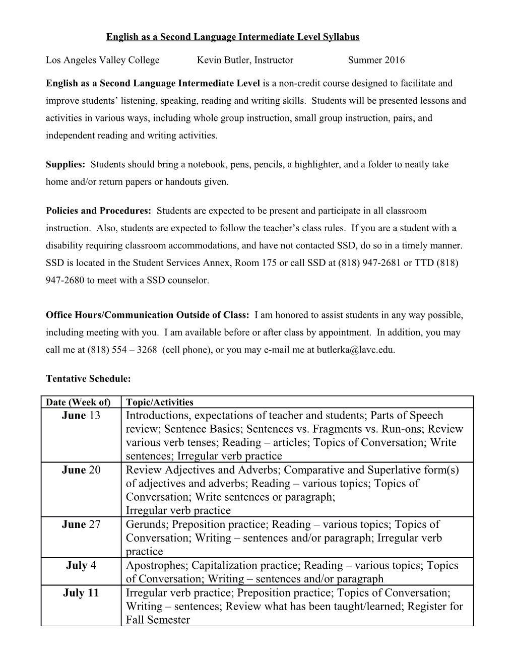 English As a Second Language Intermediate Level Syllabus