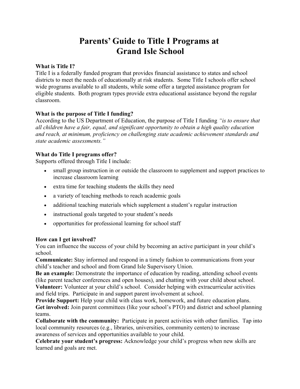 Parents Guide to Title I Programs At