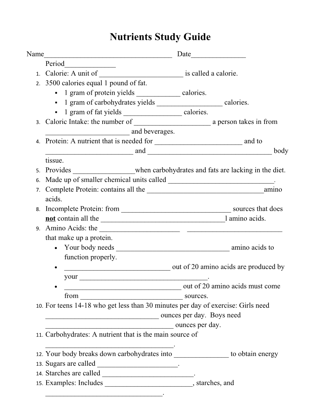 Nutrients Study Guide