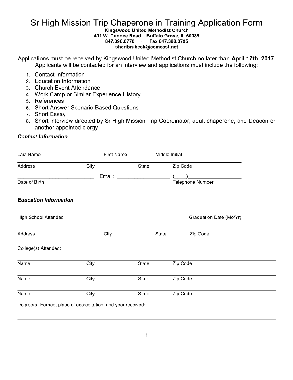 Sr High Mission Trip Chaperone in Training Application Form