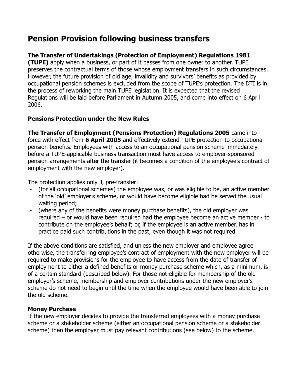 Pension Provision Following Business Transfers